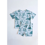 Kids Dinosaur Rodeo Short Set featuring fun green dinosaur and cactus print pattern