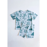 Kids Dinosaur Rodeo Short Set featuring fun green dinosaur and cactus print pattern