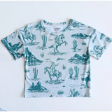 Kids rodeo short set featuring white t-shirt with teal western cowboys and cacti design