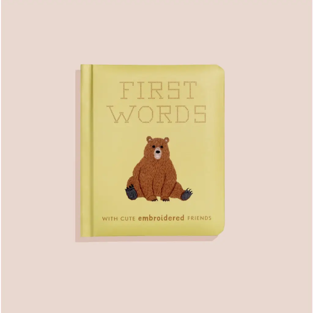 Cute Embroidered Friends First Words Board Book with a yellow cover and brown bear design