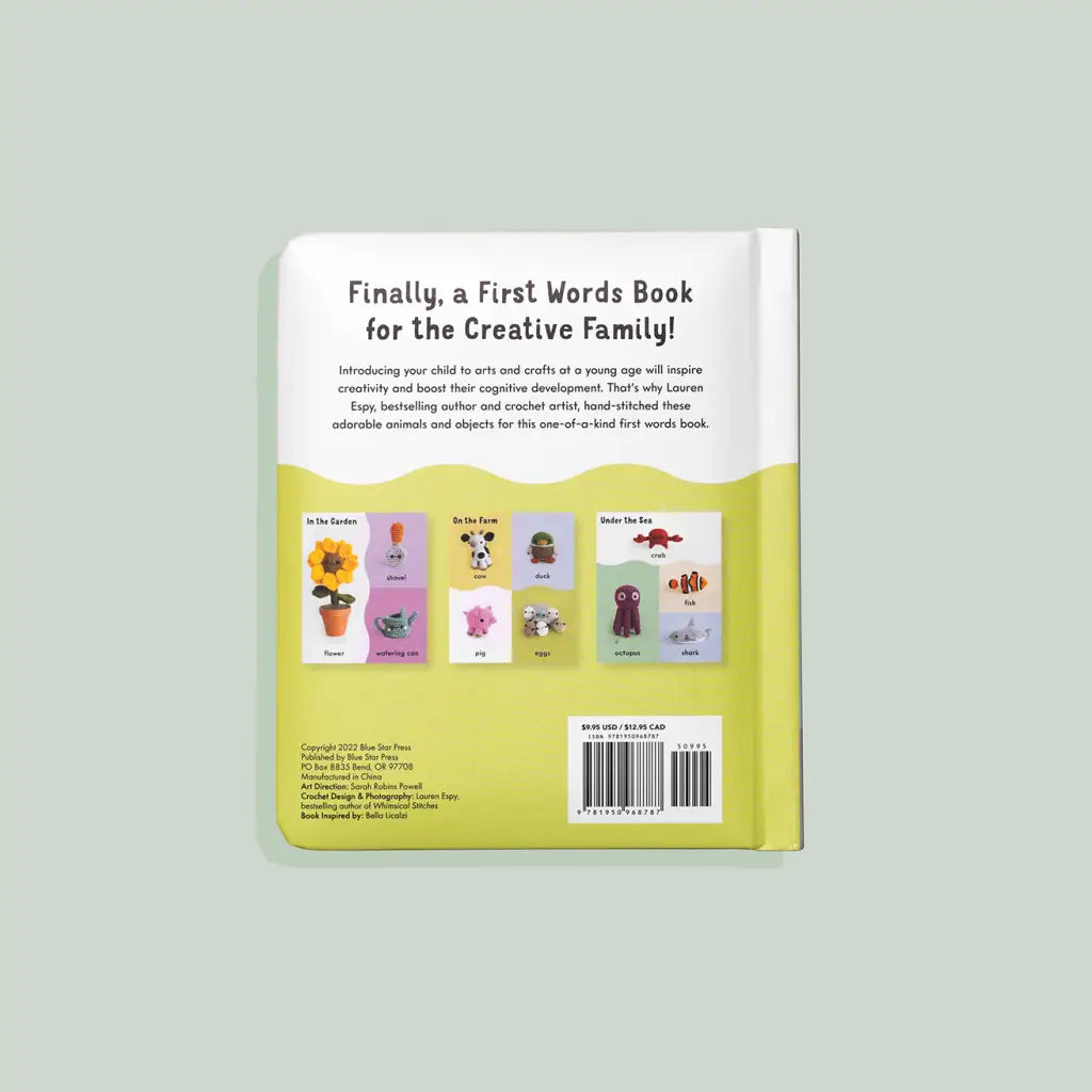 Back cover of First Words with Cute Crochet Friends baby board book for baby showers