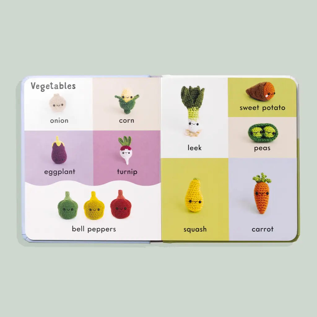 Baby board book with cute crochet friends and vegetable characters for baby showers