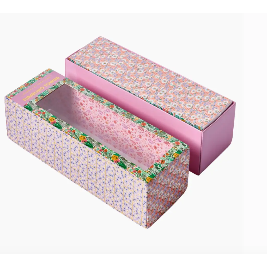 Cute pink floral gift boxes showcasing the Floral Tumbling Tower Game inside