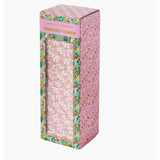 Pink floral-patterned gift box showcasing the Floral Tumbling Tower Game inside