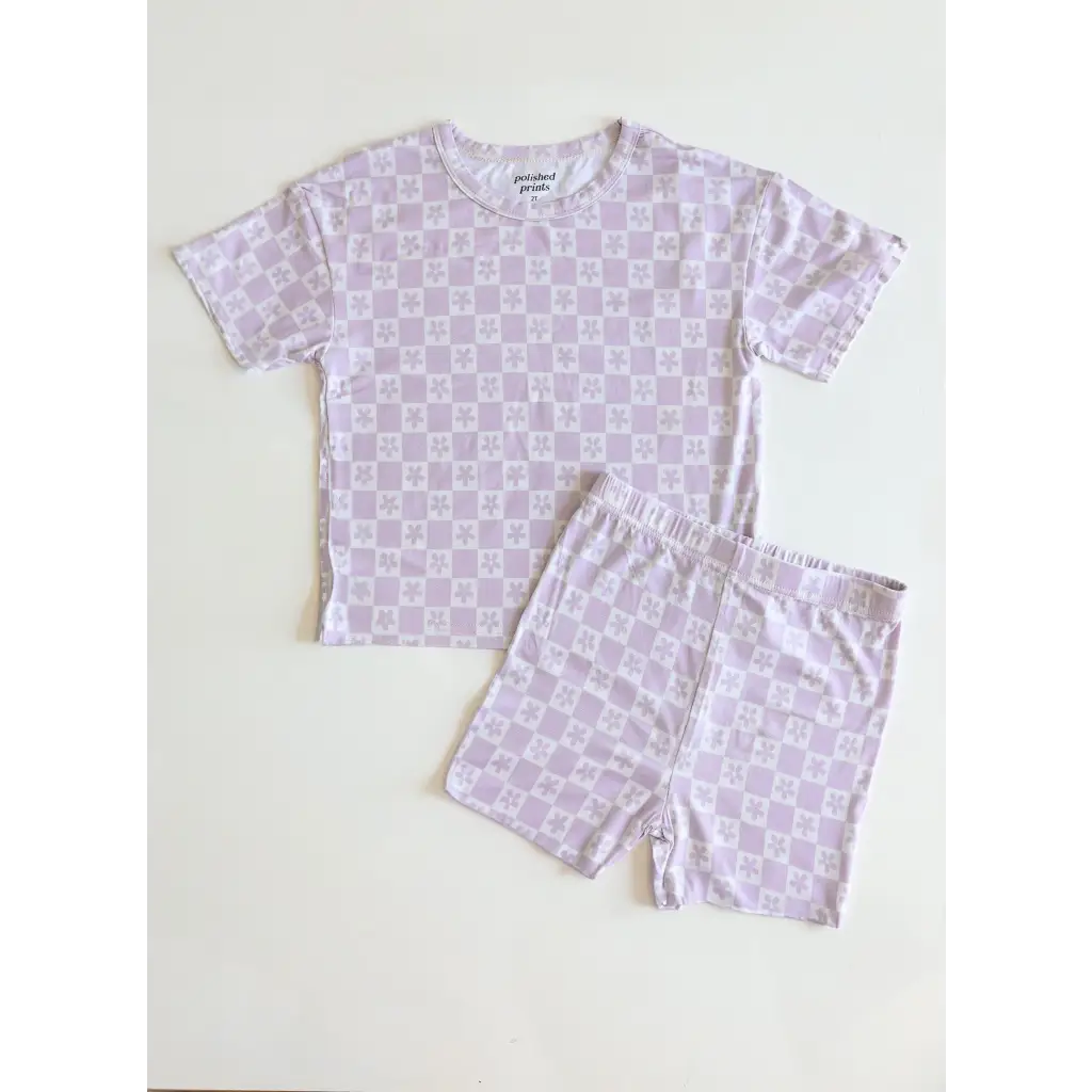 Lavender Check Short Set for Little Girls, comfy bamboo blend t-shirt and shorts