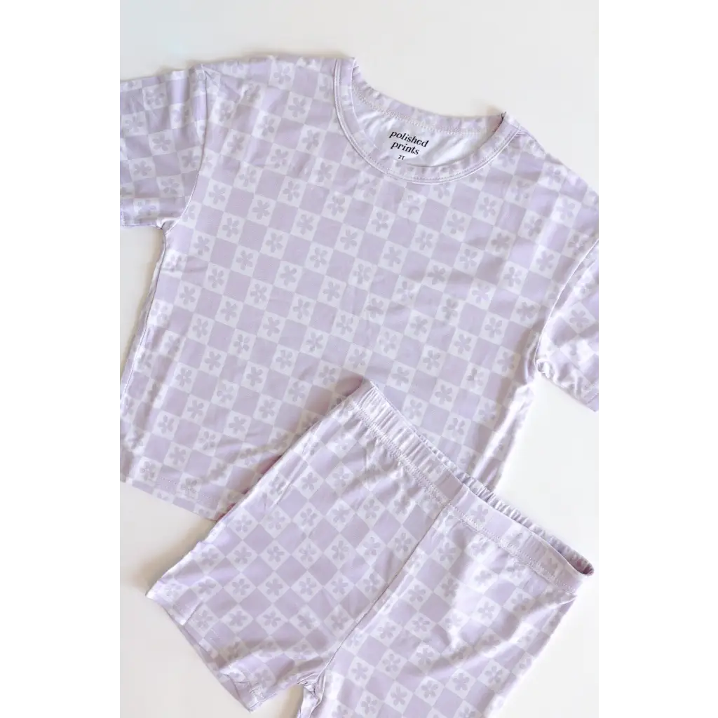 Light purple check short set for little girls in soft bamboo blend for comfy style