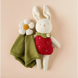 White stuffed bunny in a strawberry dress with Organic Cotton Flower Cuddly Lovey set