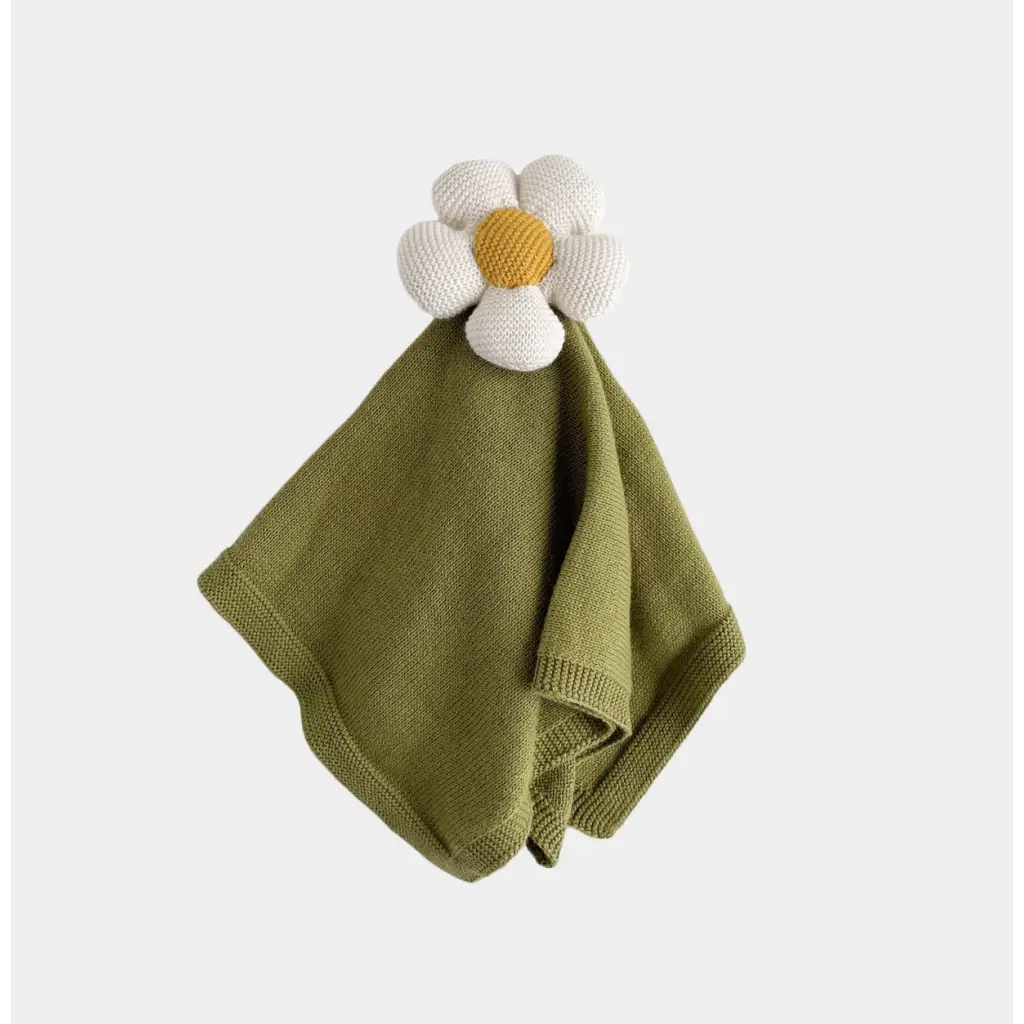 Olive green knit security blanket with daisy, a perfect newborn gift in organic cotton