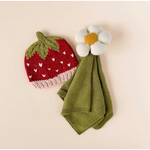 Knitted Strawberry Baby Hat and Green Blanket with Crocheted Daisy, Organic Cotton Flower Cuddly Lovey