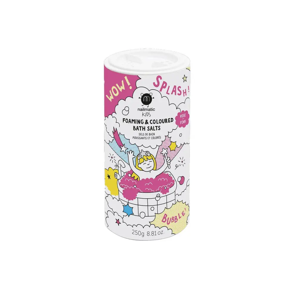 Cute pink foaming bath salts for kids with unicorn and bubbles design