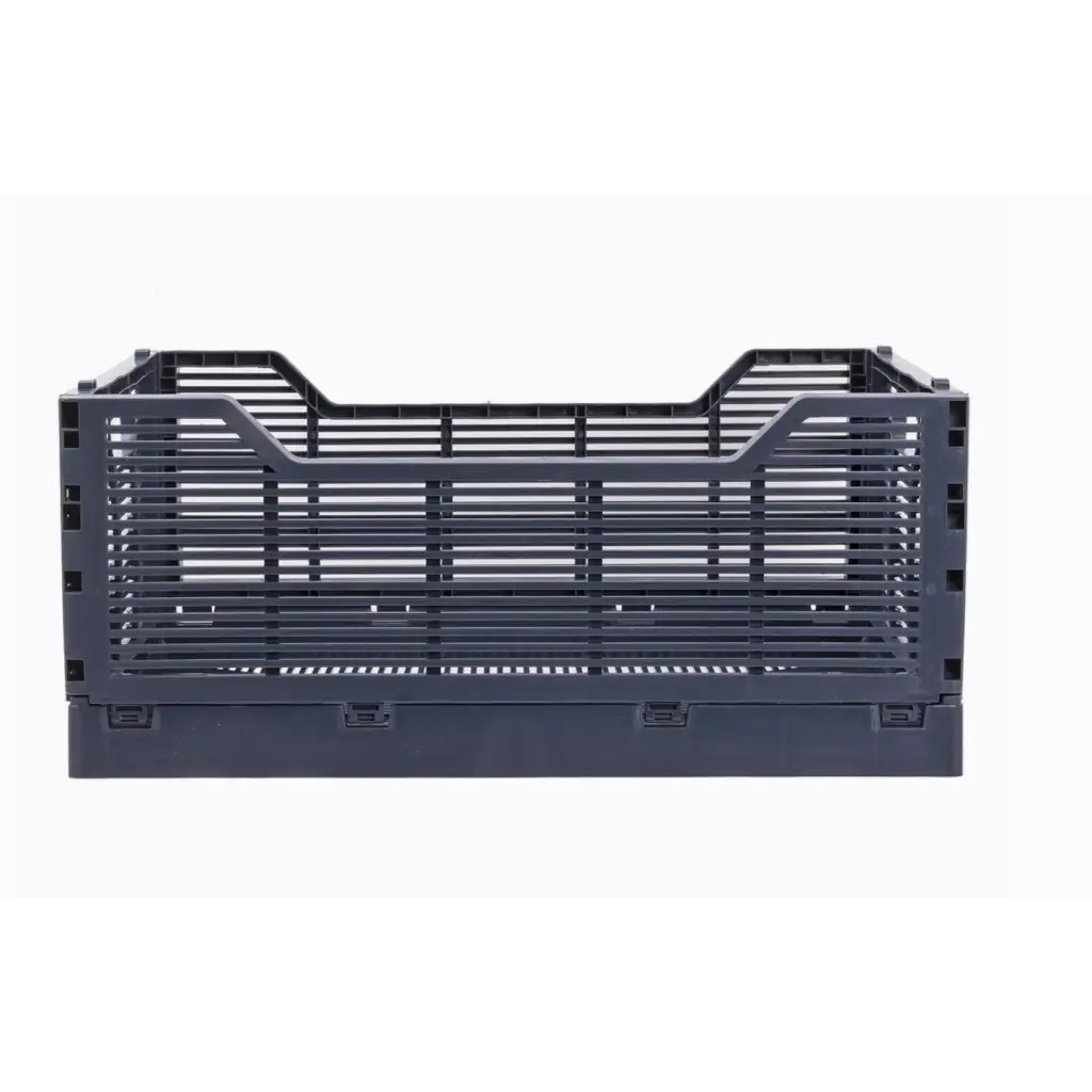 Collapsible dark gray plastic crate for versatile storage solutions and easy folding storage