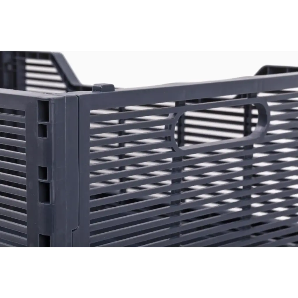 Gray plastic folding storage crate for smart storage solutions, 16x12x7 inches