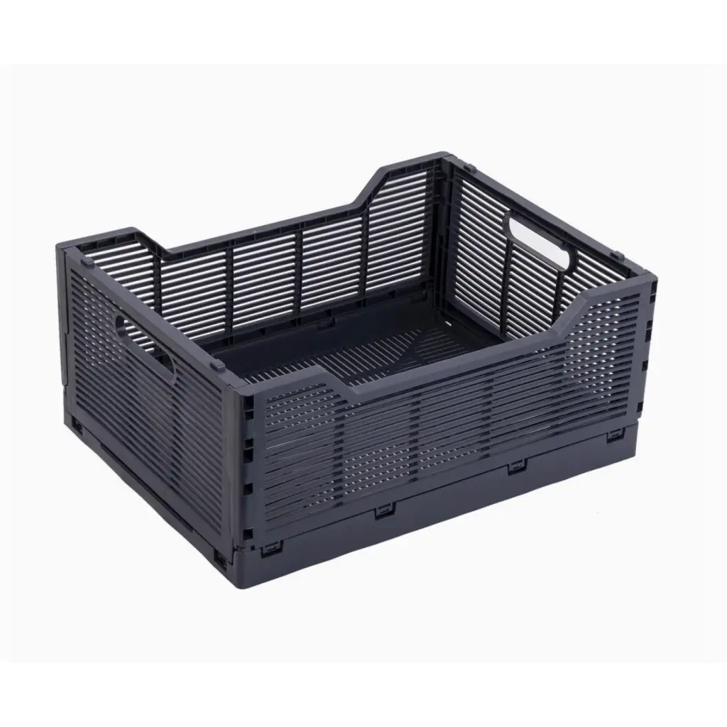 Black plastic collapsible crate for easy folding storage and smart storage solutions