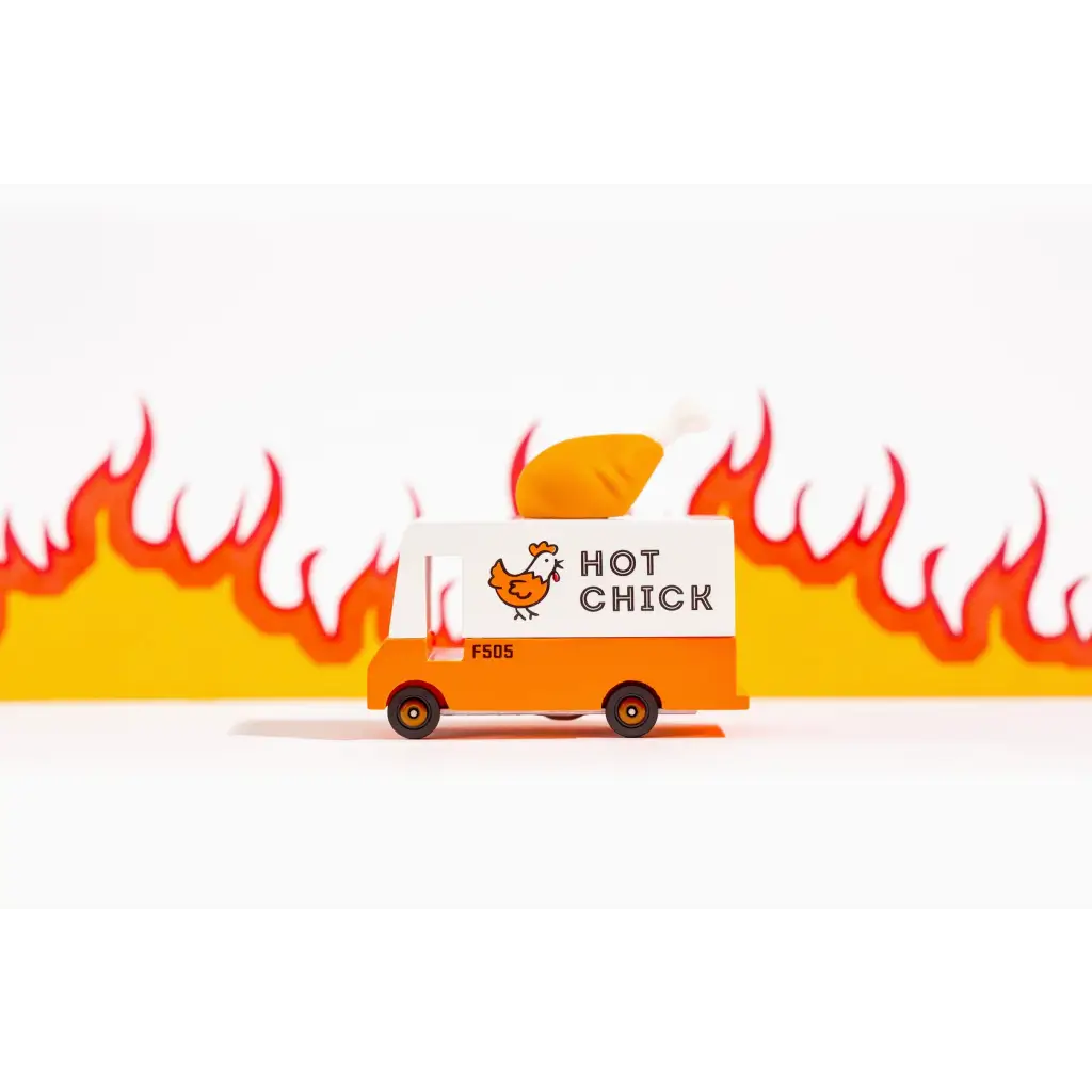 Orange Hot Chick Fried Chicken van toy truck featuring a cool chicken logo and drumstick