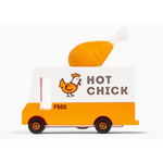 Orange and white Hot Chick Fried Chicken Van Toy Truck with chicken logo and drumstick topper