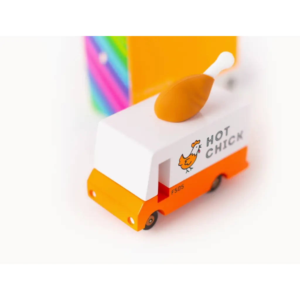 Orange and white Hot Chick Fried Chicken Van Toy Truck with fun chicken logo and topper