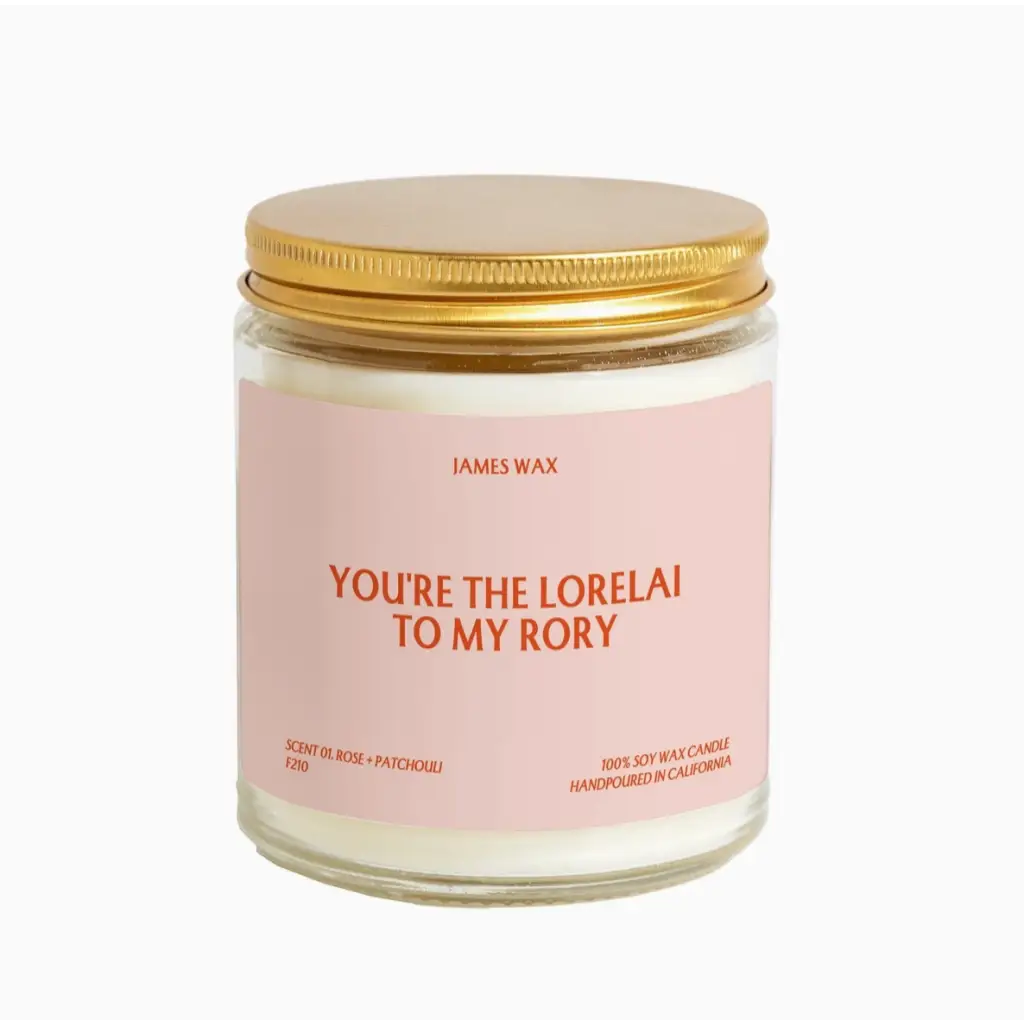 Glass jar candle with pink label You’re the Lorelai to my Rory, perfect friendship gift Lorelai