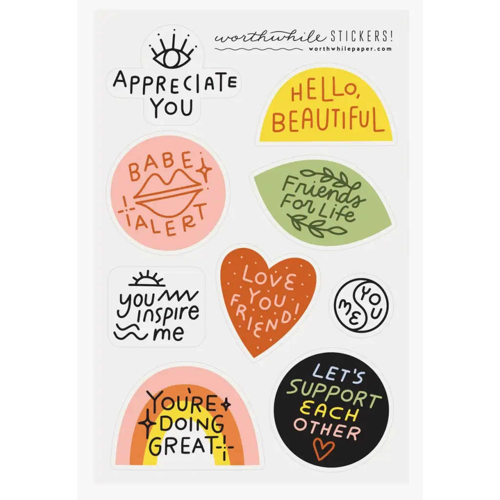 Colorful Motivational Friendship Sticker Sheet featuring positive phrases in print two sheets