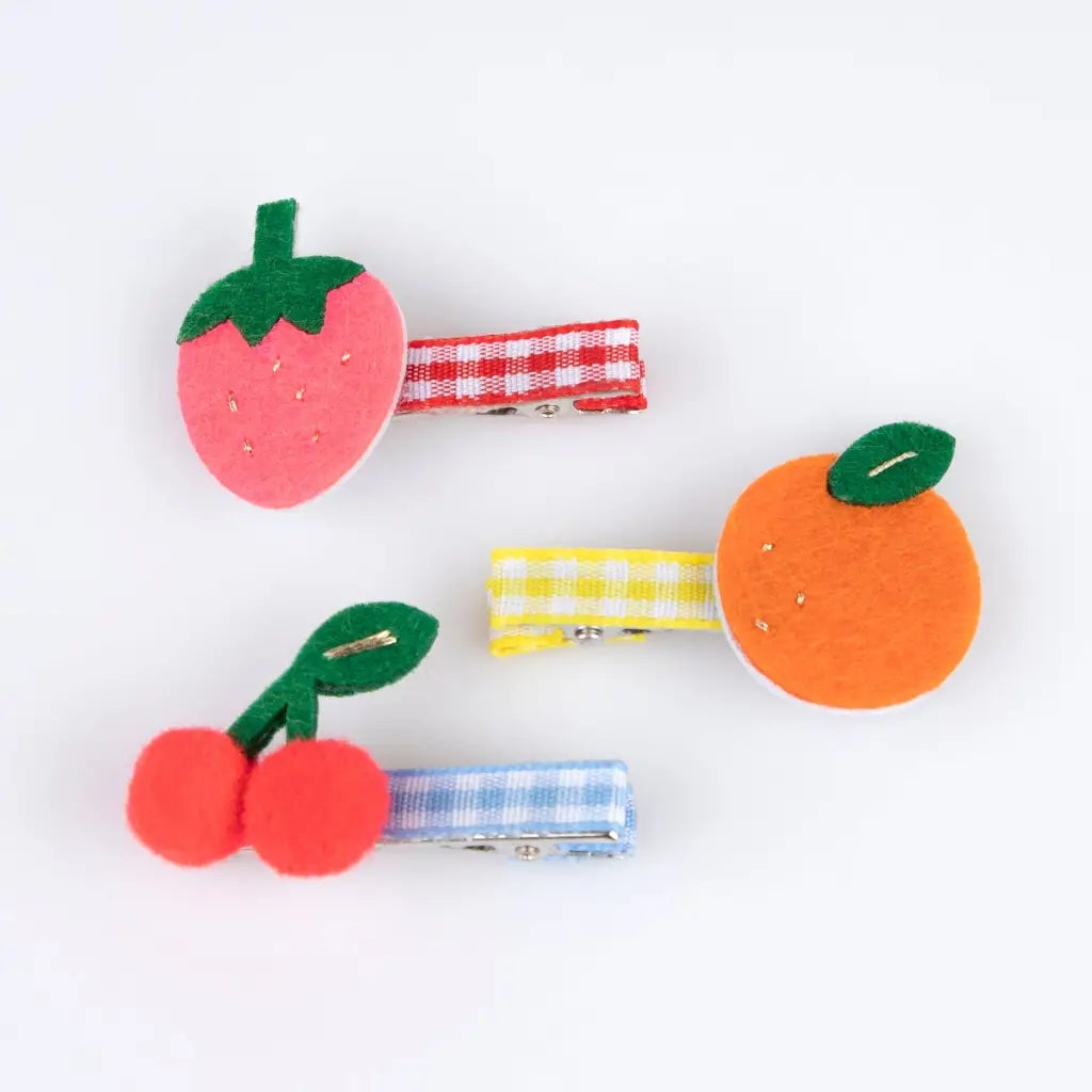 Colorful felt fruit hair clips with gingham bands