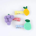 Purple felt grape fruit hair clip with gingham band