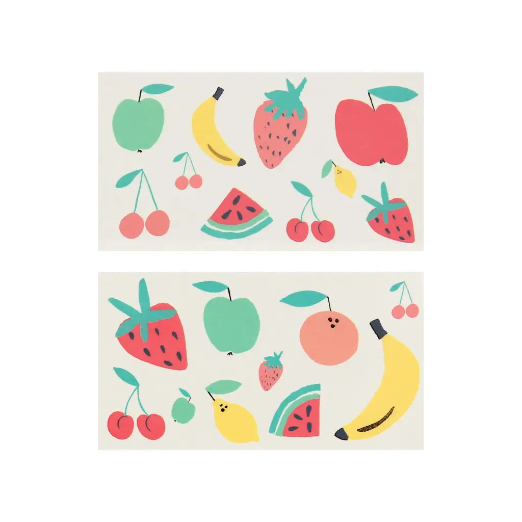 Fruit temporary tattoos: 2 colorful pastel sheets on beige background