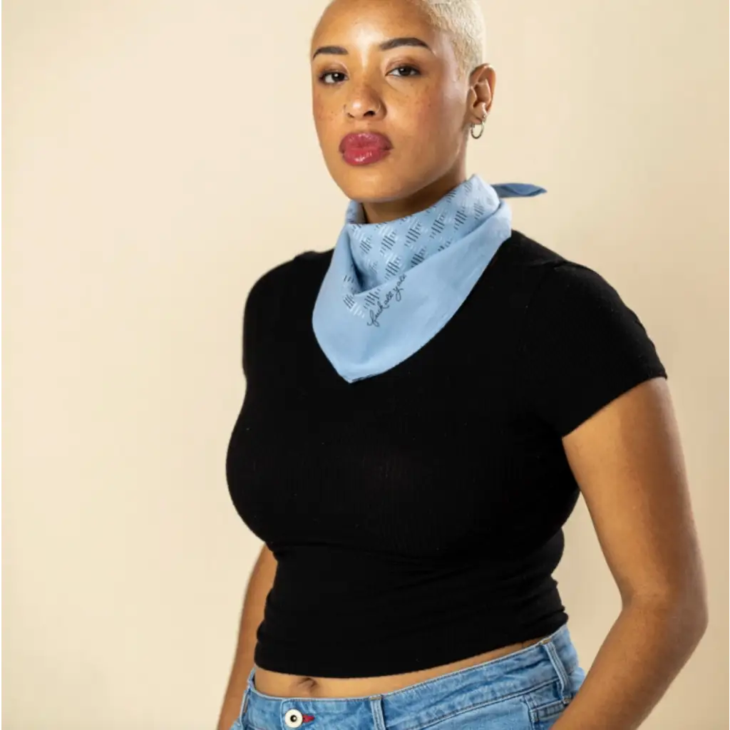 Light blue patterned bandana with polished prints, perfect stylish womens clothes for moms