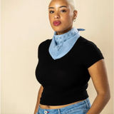 Light blue patterned bandana with polished prints, perfect stylish womens clothes for moms