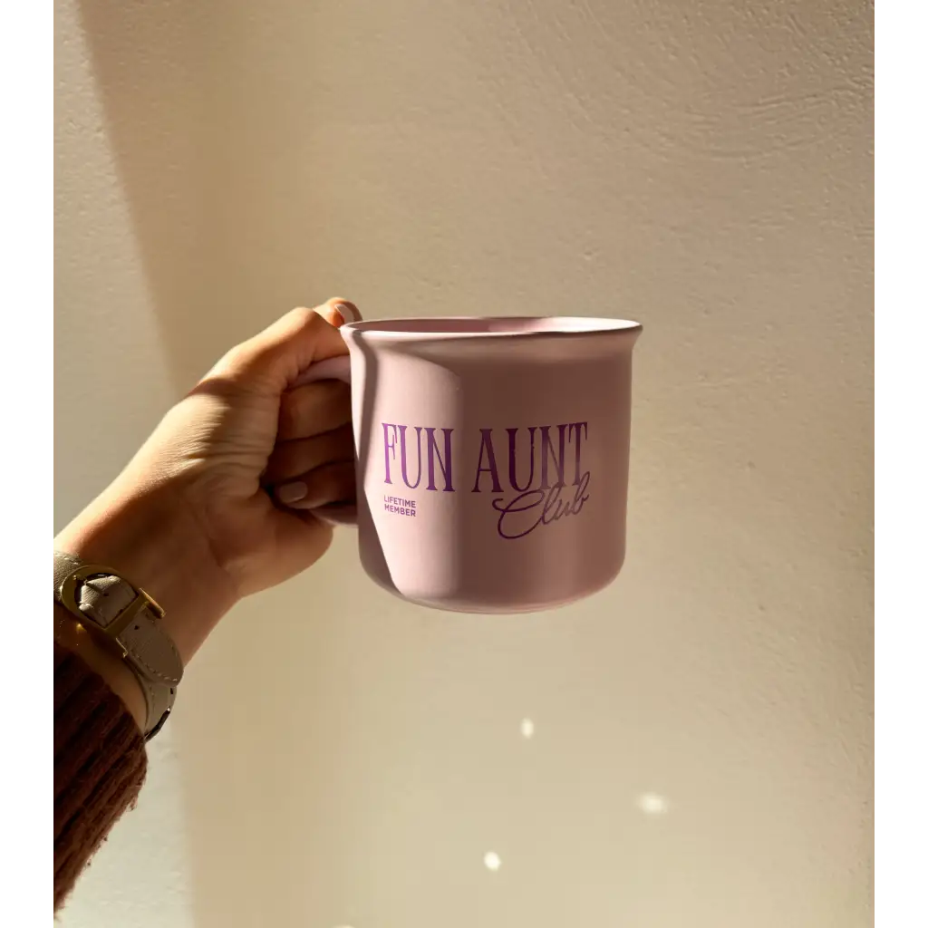 Pink Fun Aunt Club 14oz ceramic mug showcasing adorable lilac ceramic design