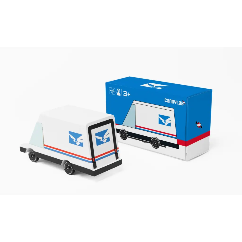 White USPS mail van toy car made of solid beech wood with blue and red stripes