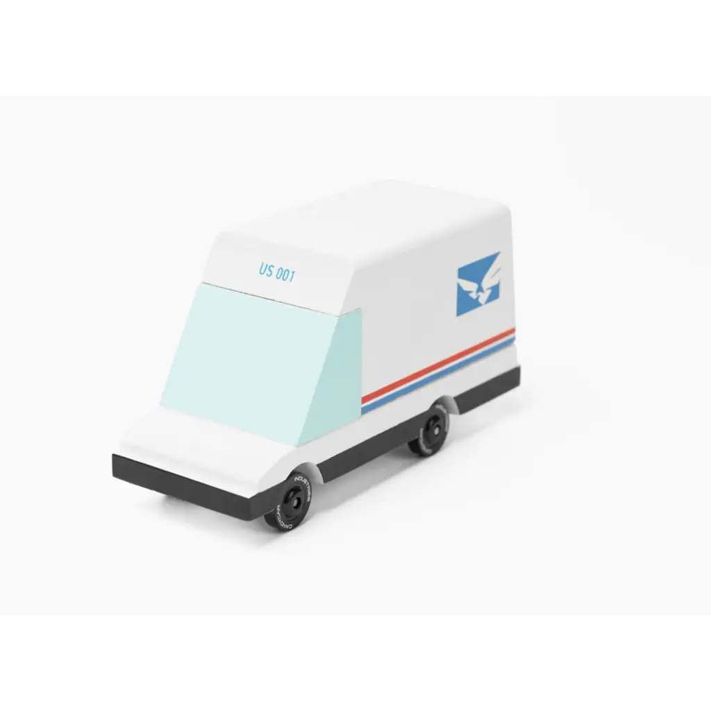 White USPS mail van toy car made of solid beech wood with a clear urethane coat