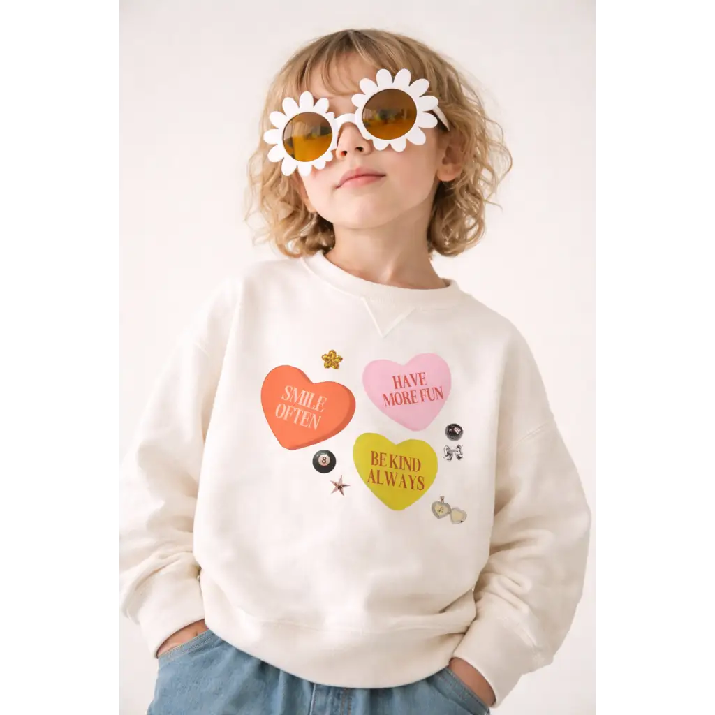 Gentle Reminders Kids Valentines Pullover sweatshirt with colorful heart patches