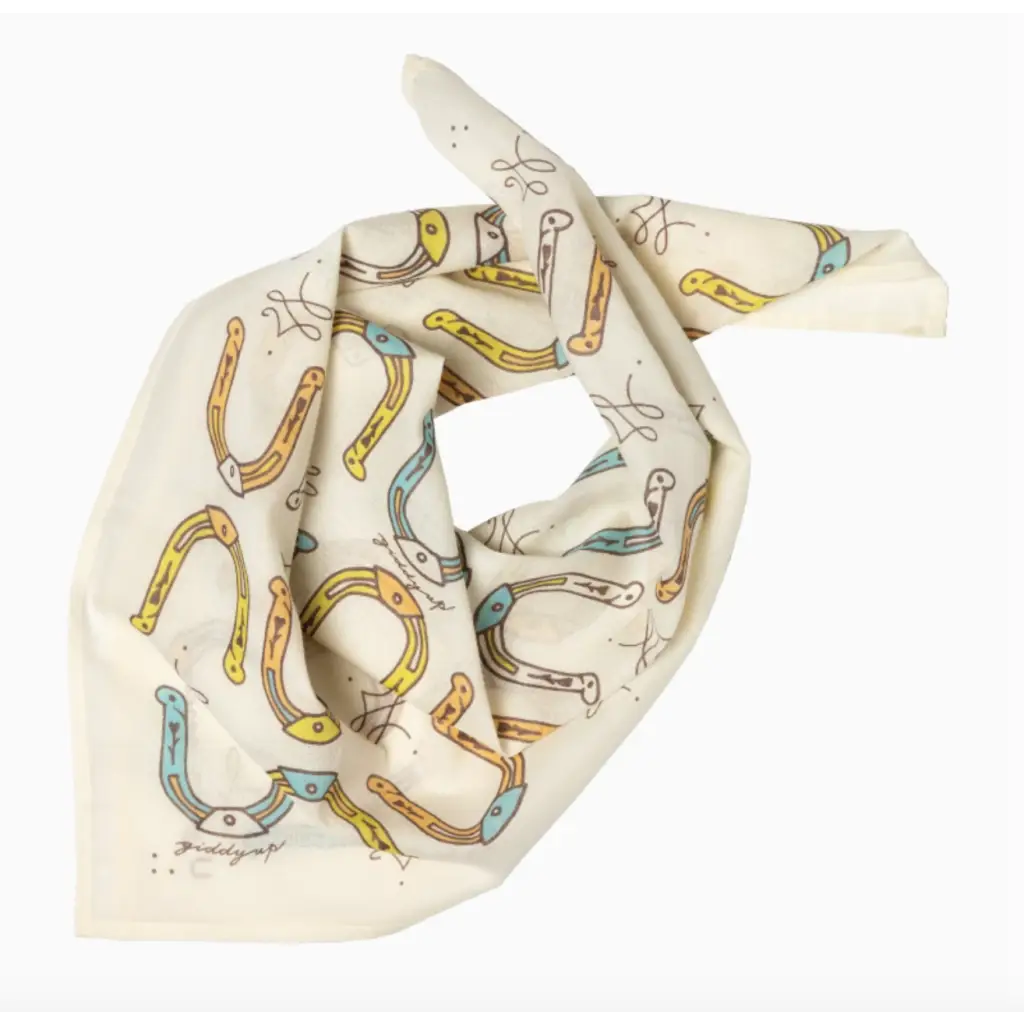 Folded Giddy Up Cotton Voile Bandana with horseshoe pattern, perfect for stylish womens clothes
