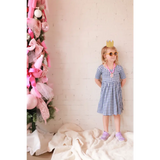 Blue and white gingham bamboo twirl dress with gold crown