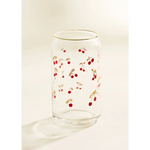 Clear glass can-shaped tumbler with gold rim and red cherry pattern for stylish womens clothes