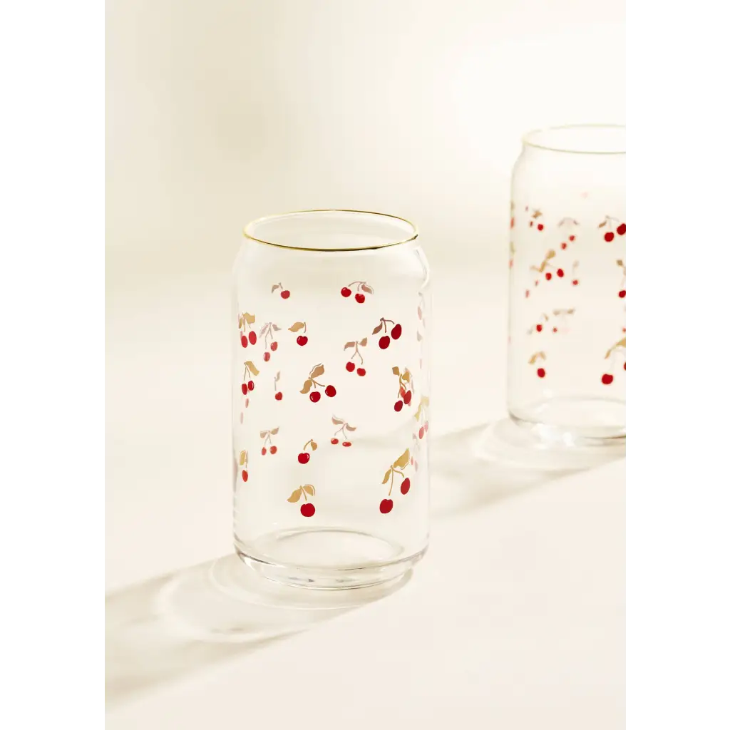 Clear glass tumbler with cherry pattern and gold rim from Gold Cherry Scatter 16 oz polished prints collection
