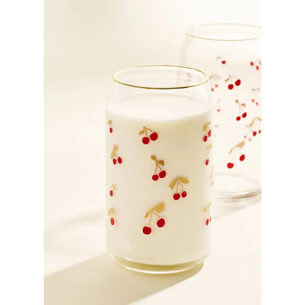 Glass of milk with cherry design on Gold Cherry Scatter 16 oz Gold Rimmed Soda Can Glass