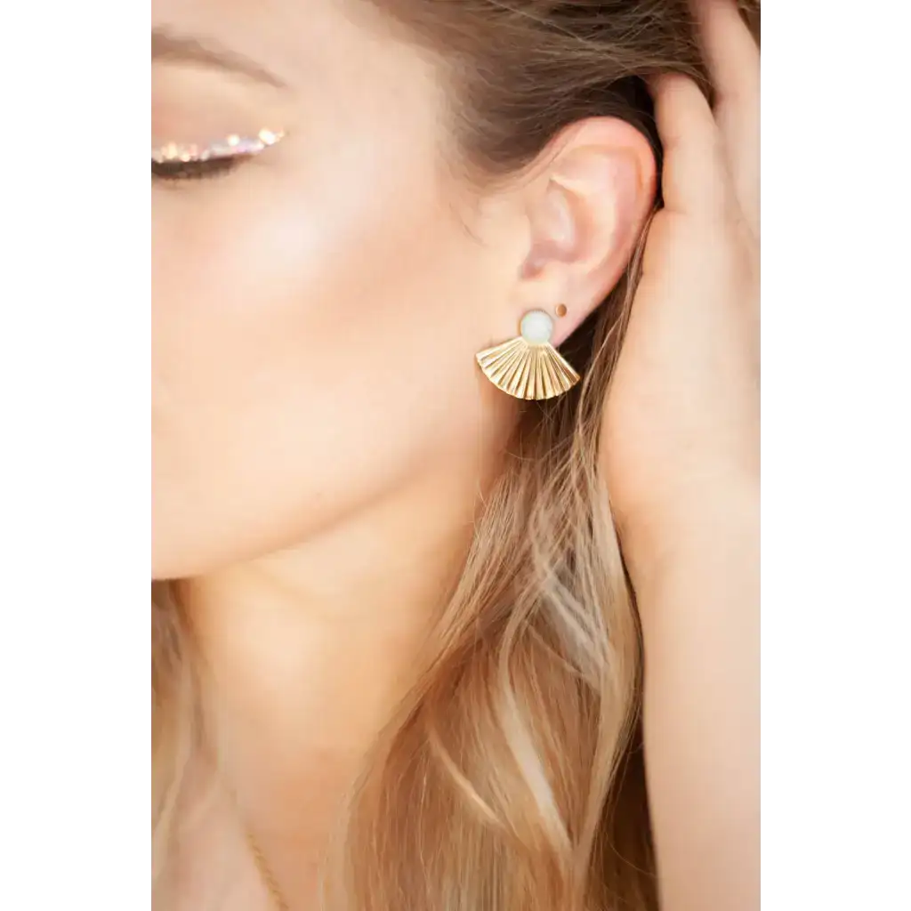 Gold fan earrings with pearl accents by Michelle Starbuck