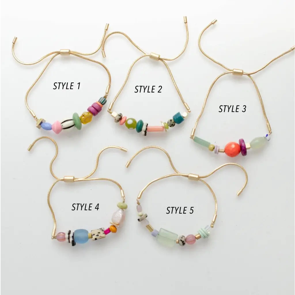 Gold pull tie beaded bracelets: 5 colorful stretch styles with pastel beads