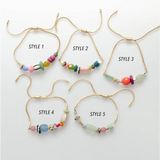 Gold pull tie beaded bracelets: 5 colorful stretch styles with pastel beads