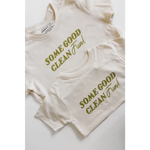 White kids tee with green Some Good Clean Fun text for playful adventures