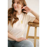 White Good Vibes Peace Embroidered Tee with yellow detail for chill vibes