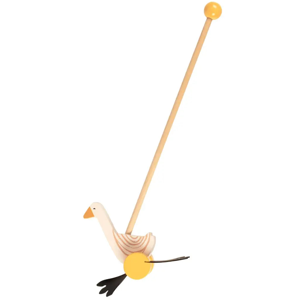Wooden goose push toy with yellow wheels perfect for kids learning to walk