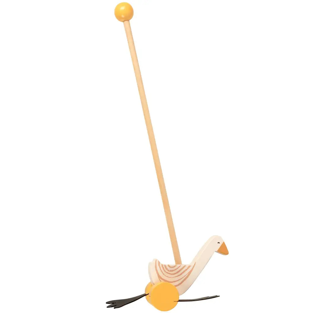 Wooden push toy with a cute goose push toy figure for kids to enjoy and play