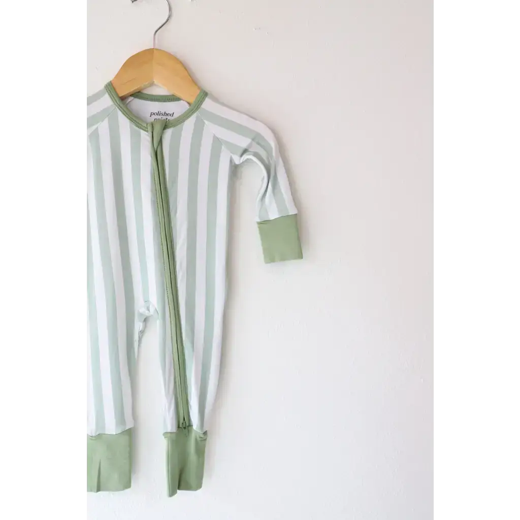 Green striped bamboo baby sleeper with zipper perfect for comfy baby wear