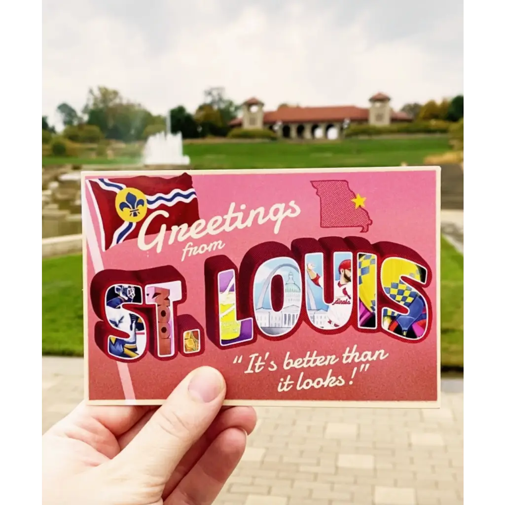 Pink vintage-style 4x6 postcard celebrates St. Louis Mo with a cheeky tagline