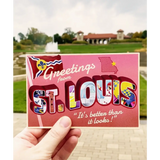 Pink vintage-style 4x6 postcard celebrates St. Louis Mo with a cheeky tagline