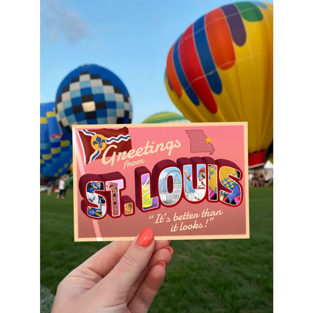 Pink 4x6 postcard celebrates St. Louis Mo with decorative Greetings from St. Louis text