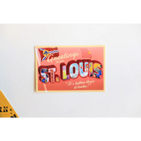 Vintage-style postcard celebrates St. Louis Mo with colorful lettering, perfect as a 4x6 keepsake