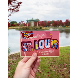 Pink 4x6 postcard celebrates St. Louis MO with colorful greetings design by Jillian Kaye