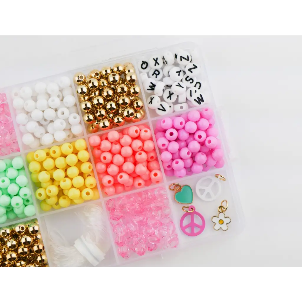 Plastic organizer packed with colorful beads for Groovy Goals DIY bracelet craft kit